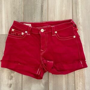 True Religion World Tour Red Jennie Curvy Midi Rise Denim Jean Shorts Size 27